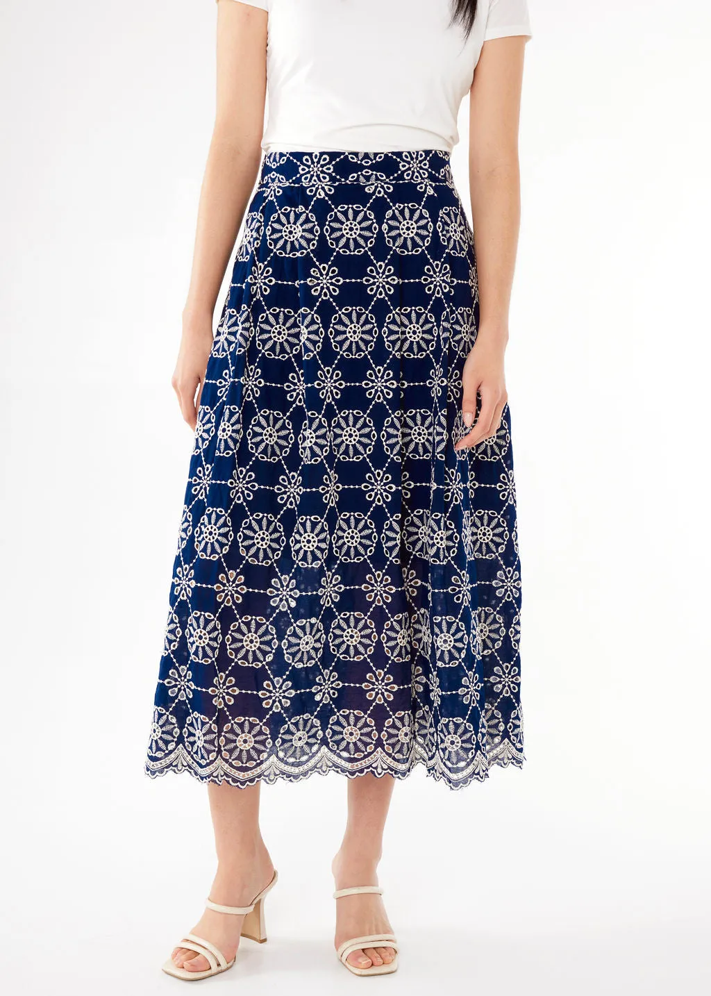Eden Midi Skirt Navy Medallion Eyelet sold by Abbey Glass