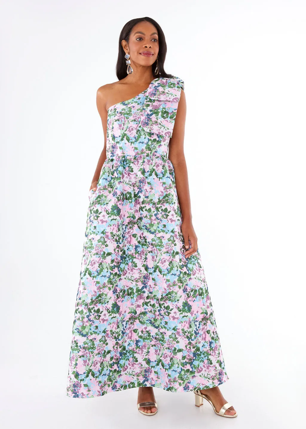 Caroline Gown Pink Abstract Floral Jacquard sold by Abbey Glass