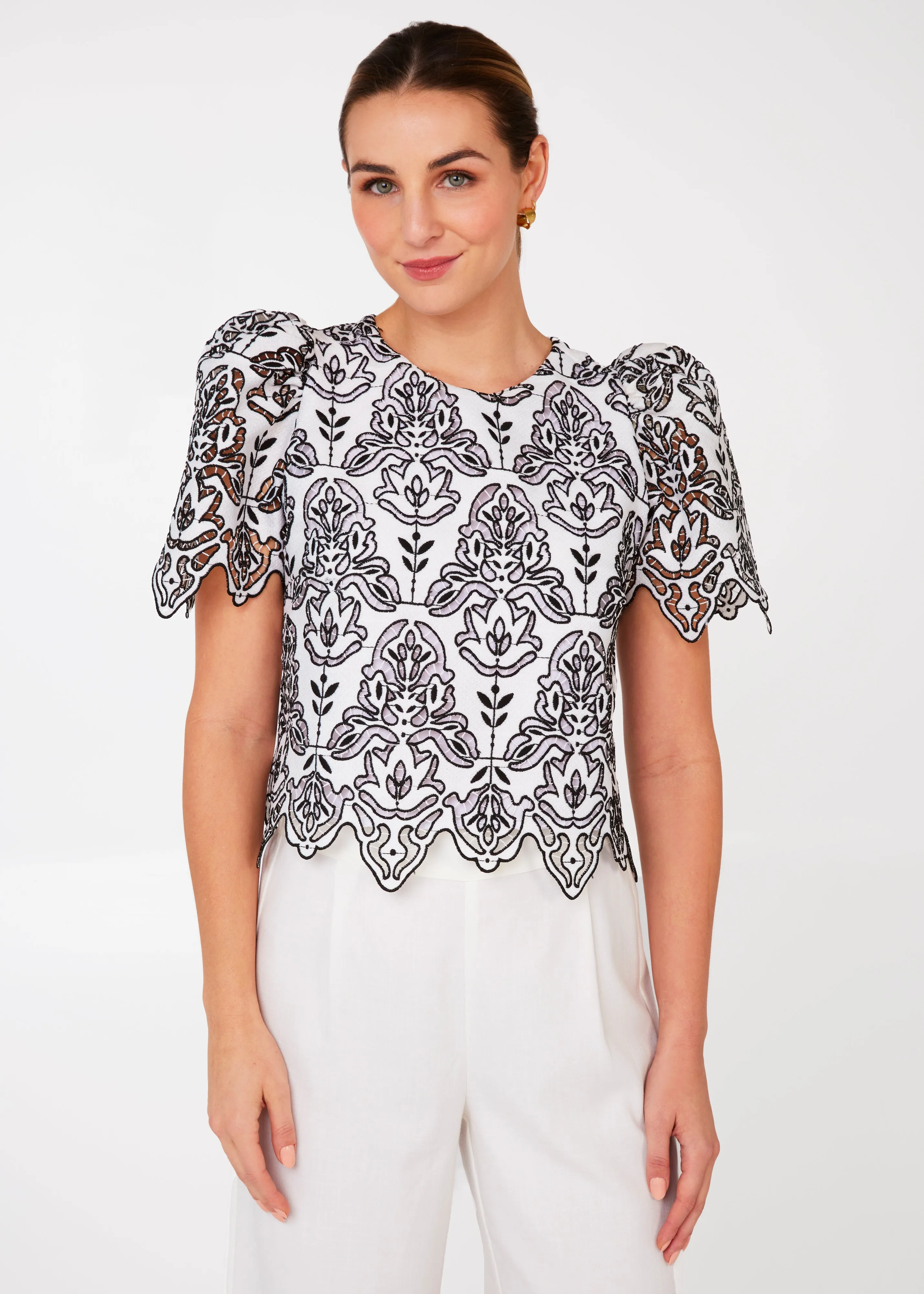 Marty Crop Top Black & White Ironwork Geo Lace sold by Abbey Glass