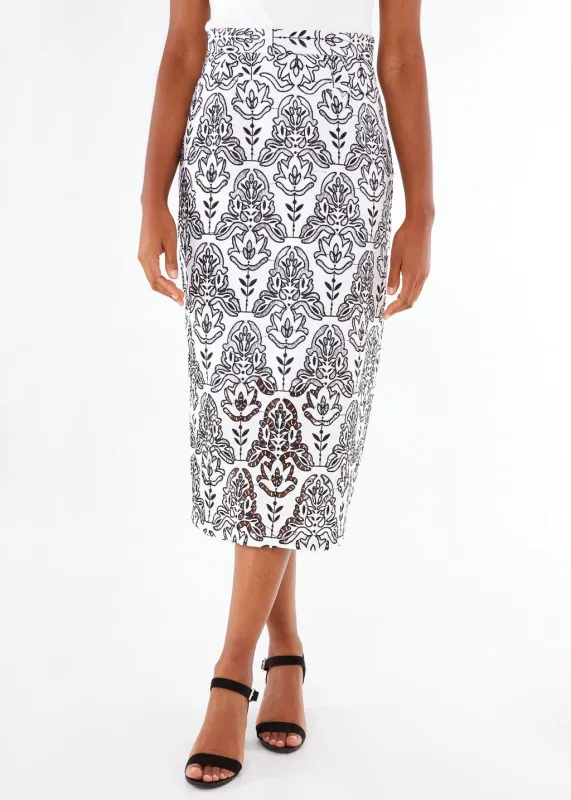 Julia Pencil Skirt Black & White Ironwork Geo Lace sold by Abbey Glass
