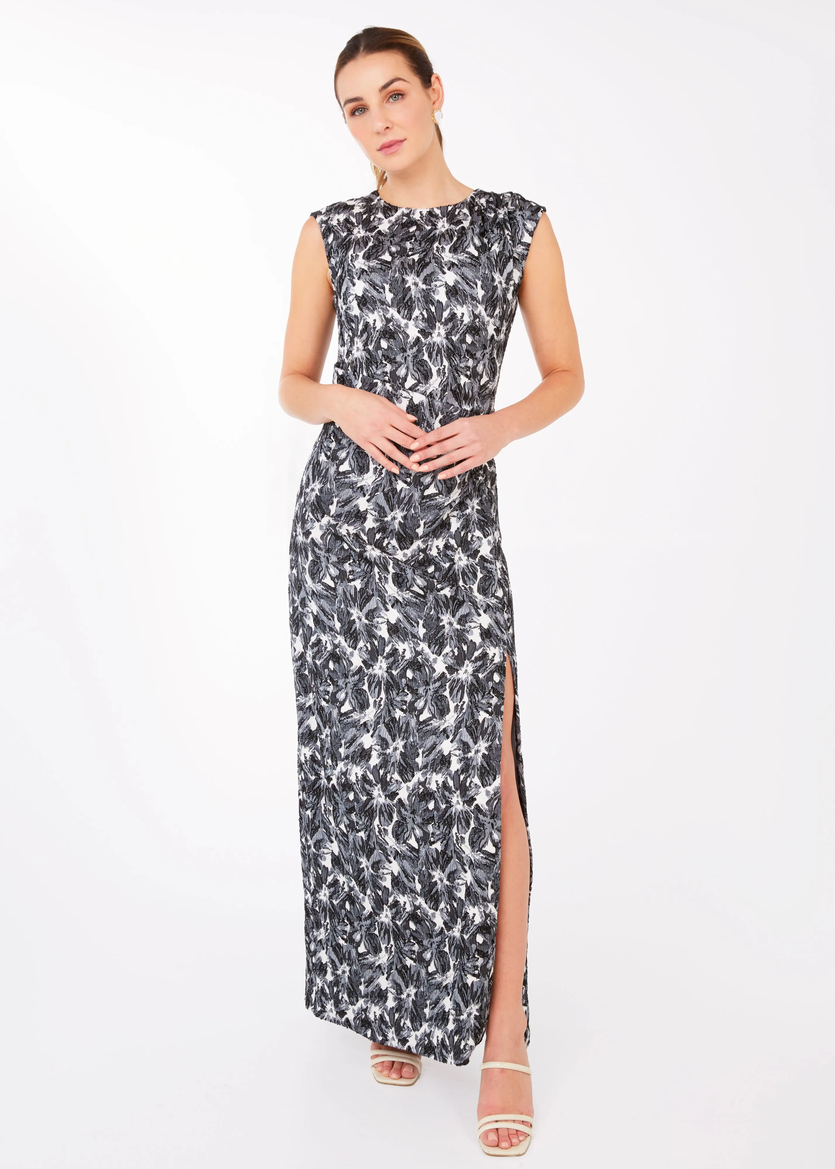 Stefanie Dress Black & White Hibiscus Jacquard sold by Abbey Glass