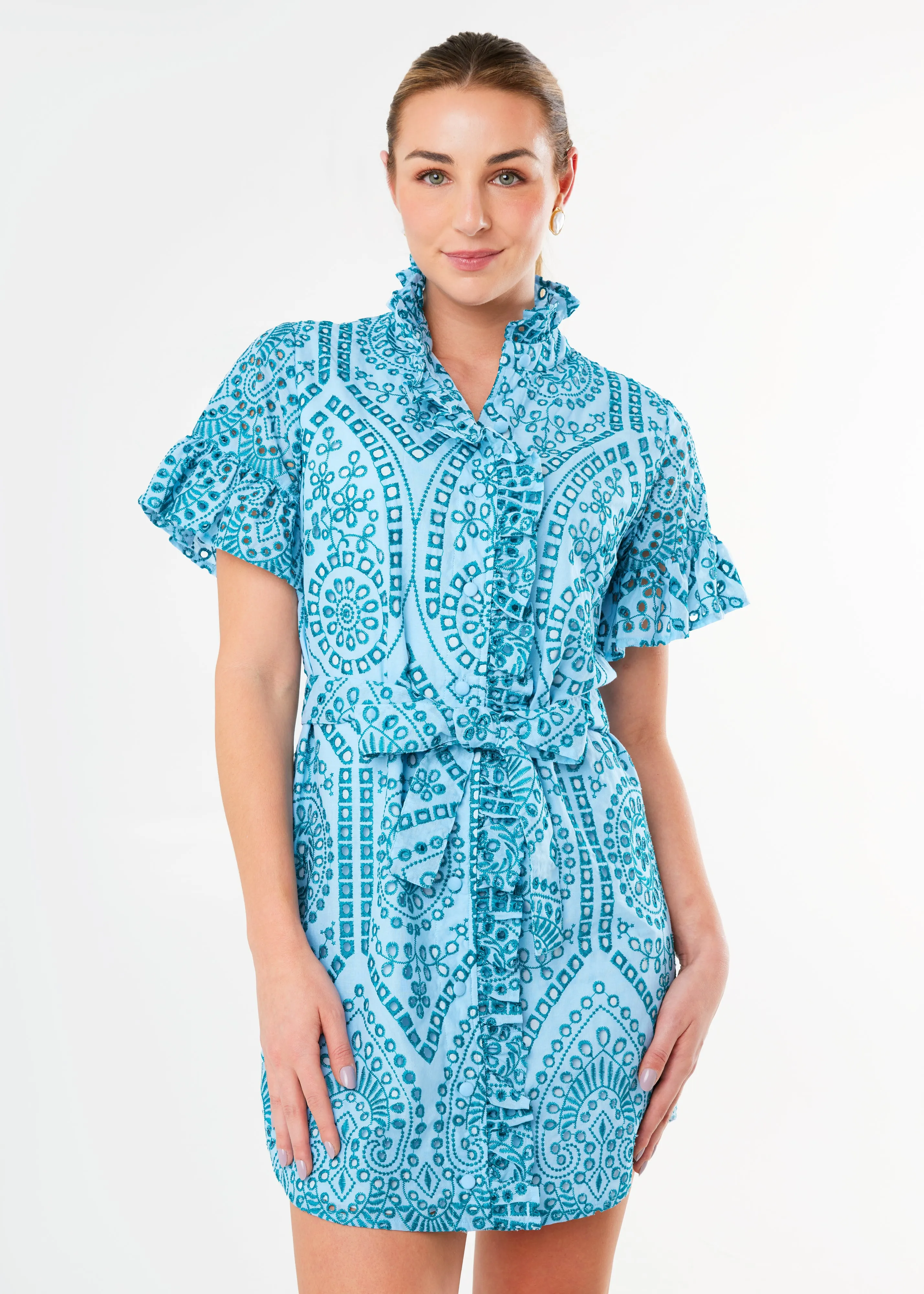 Katie Dress Sky Blue Square Eyelet sold by Abbey Glass