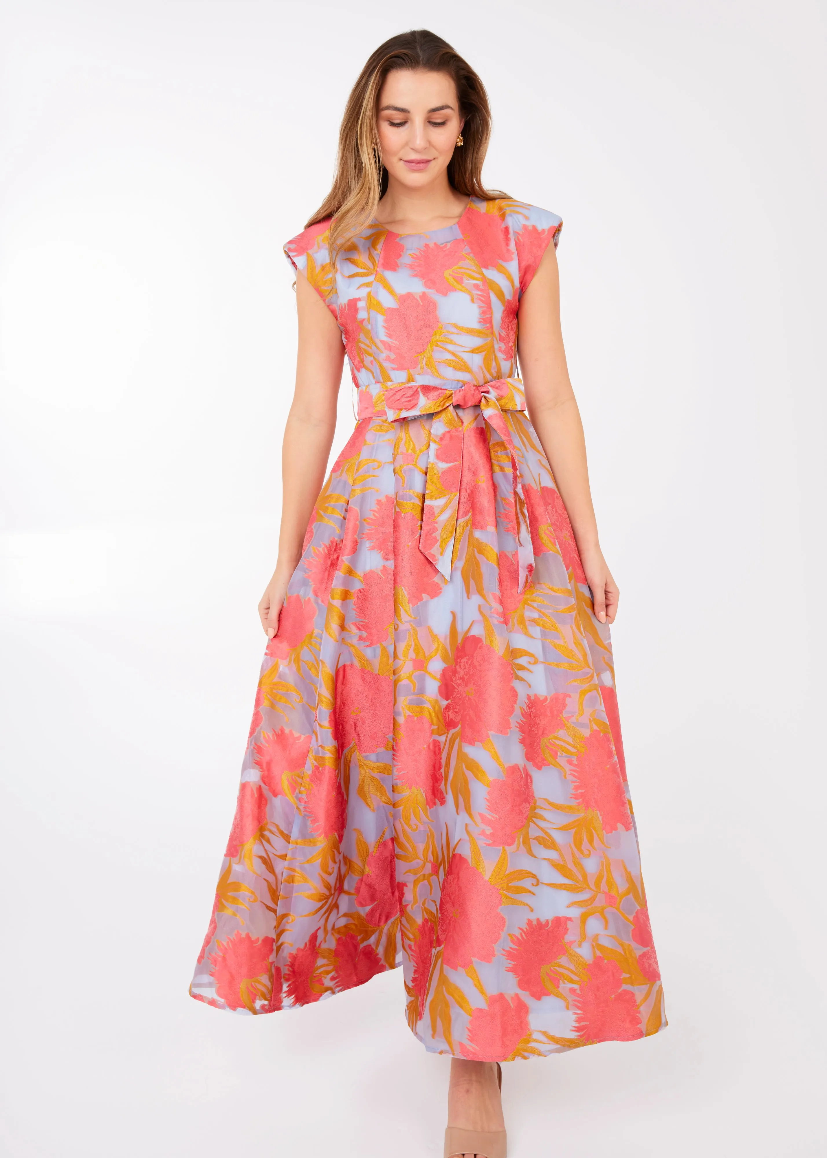 Olivia Gown Hot Coral Pansy Vine Organza sold by Abbey Glass product image thumbnail 5