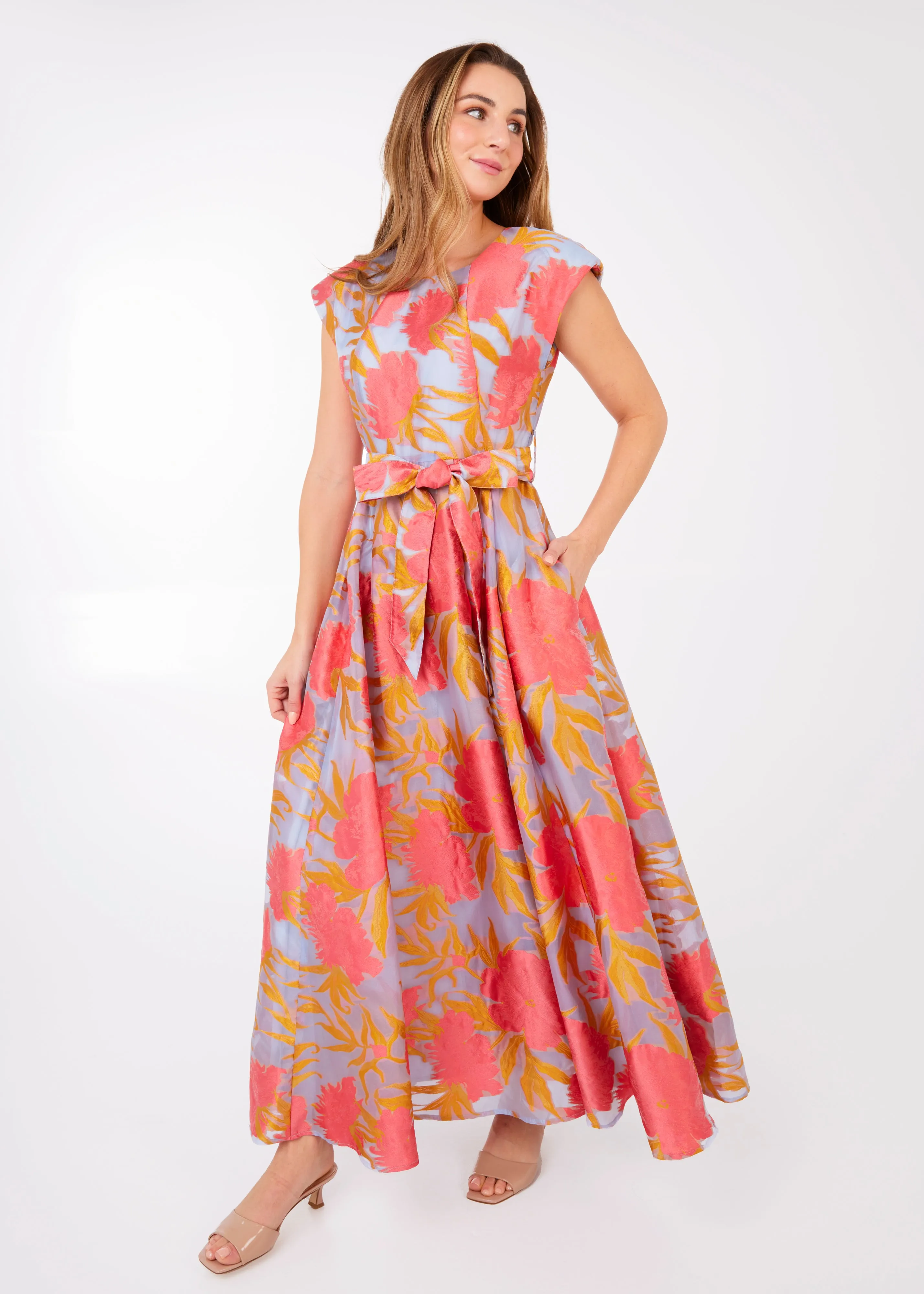 Olivia Gown Hot Coral Pansy Vine Organza sold by Abbey Glass product image thumbnail 4