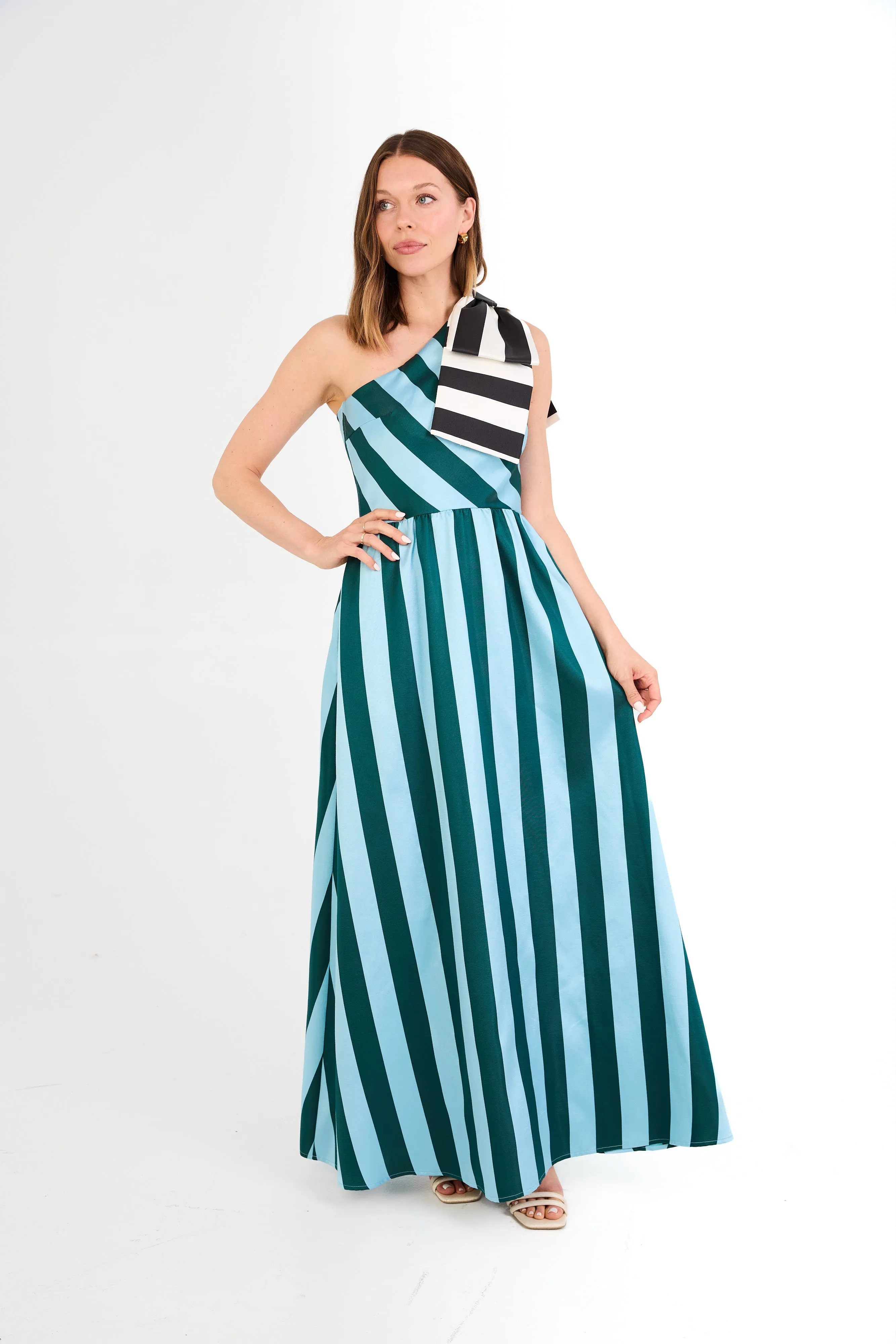 Caroline Gown Blue Stripe Mikado sold by Abbey Glass product image thumbnail 4