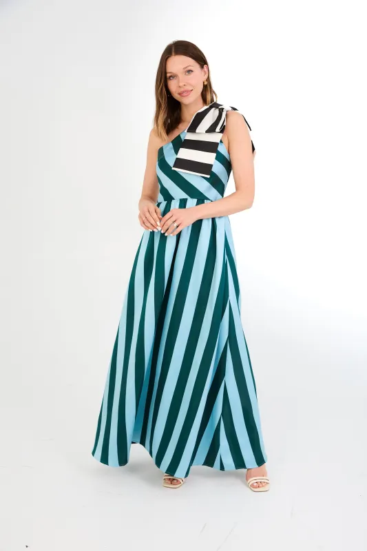 Caroline Gown Blue Stripe Mikado sold by Abbey Glass
