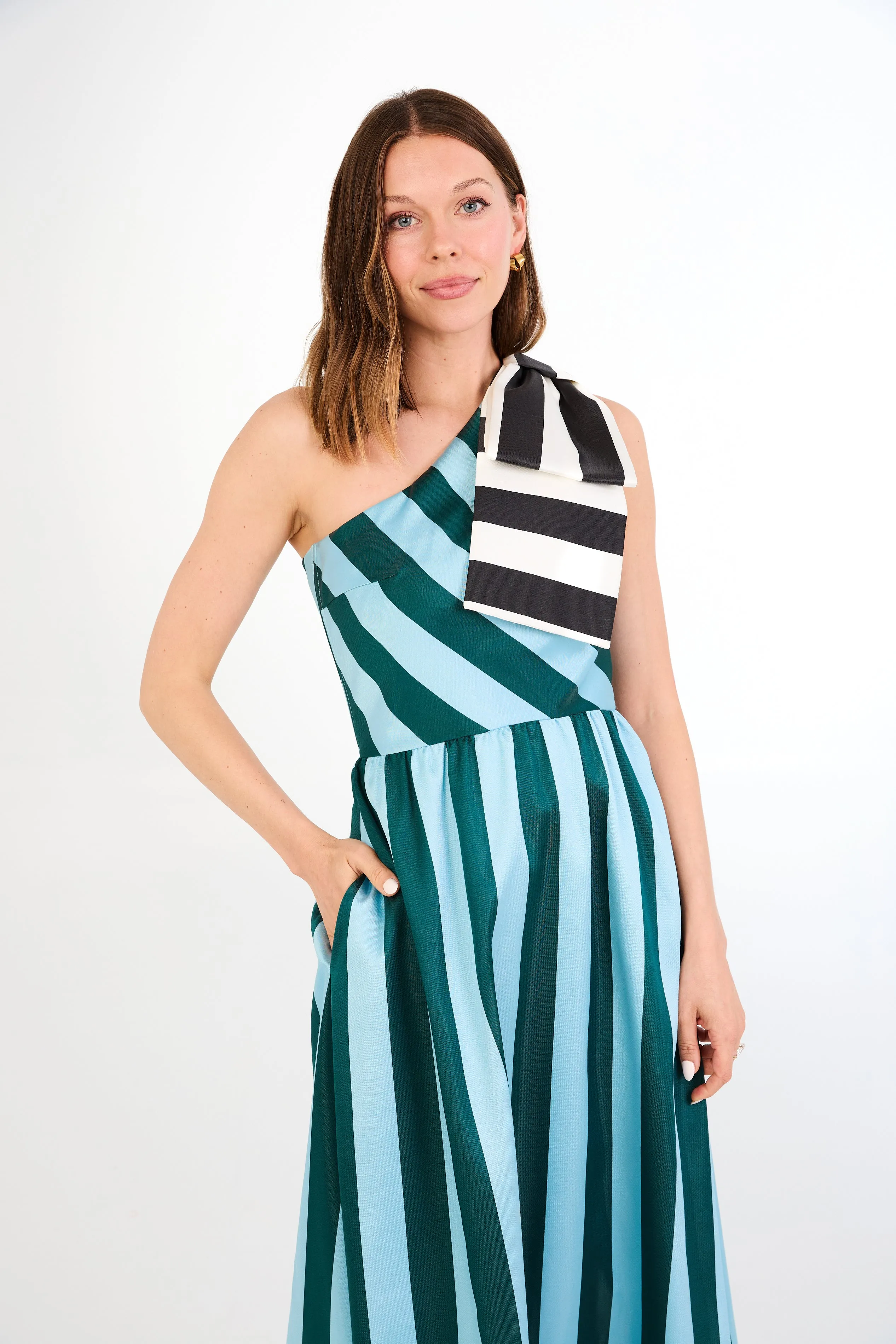 Caroline Gown Blue Stripe Mikado sold by Abbey Glass product image thumbnail 2