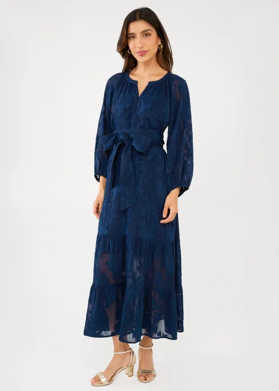 Elise Dress Navy Burnout Chiffon sold by Abbey Glass