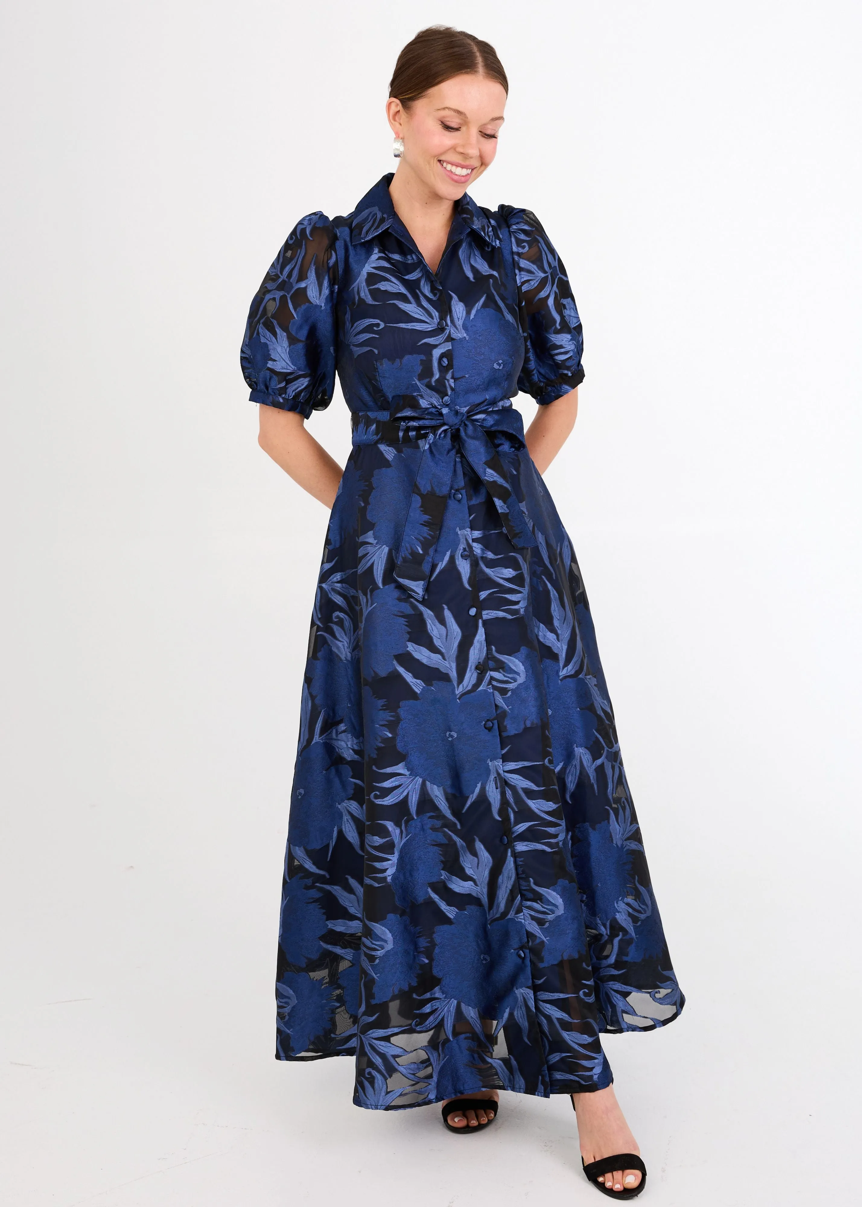 Charlotte Gown Royal Blue Pansy Vine Organza sold by Abbey Glass