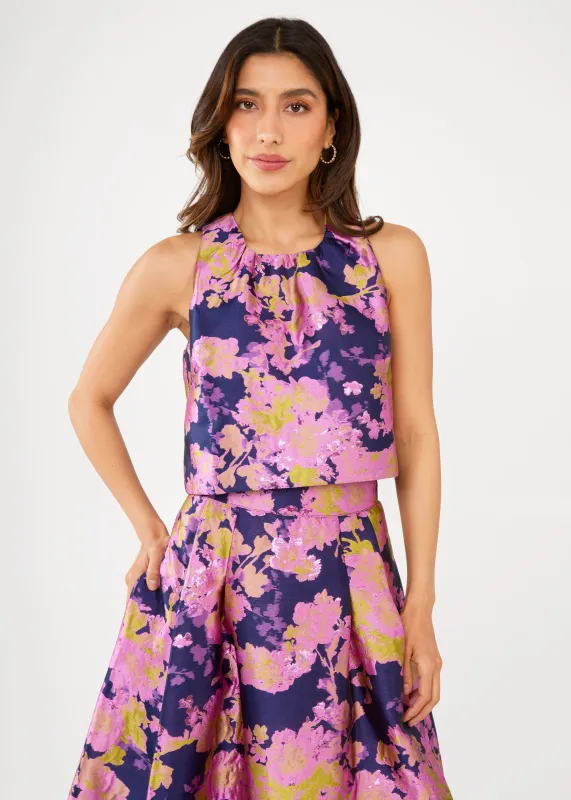 Ava Top Navy Abstract Brocade sold by Abbey Glass