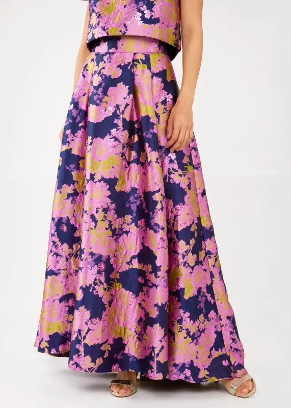 Olivia Skirt Navy Abstract Brocade sold by Abbey Glass