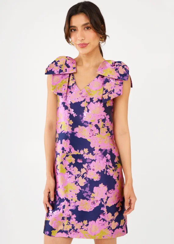 Meredith Dress Navy Abstract Brocade sold by Abbey Glass
