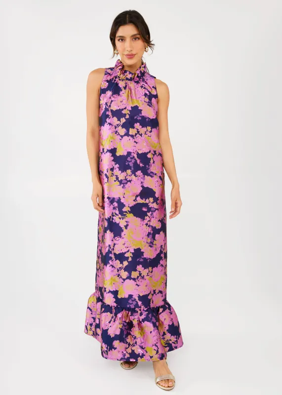 Camille Gown Navy Abstract Brocade sold by Abbey Glass