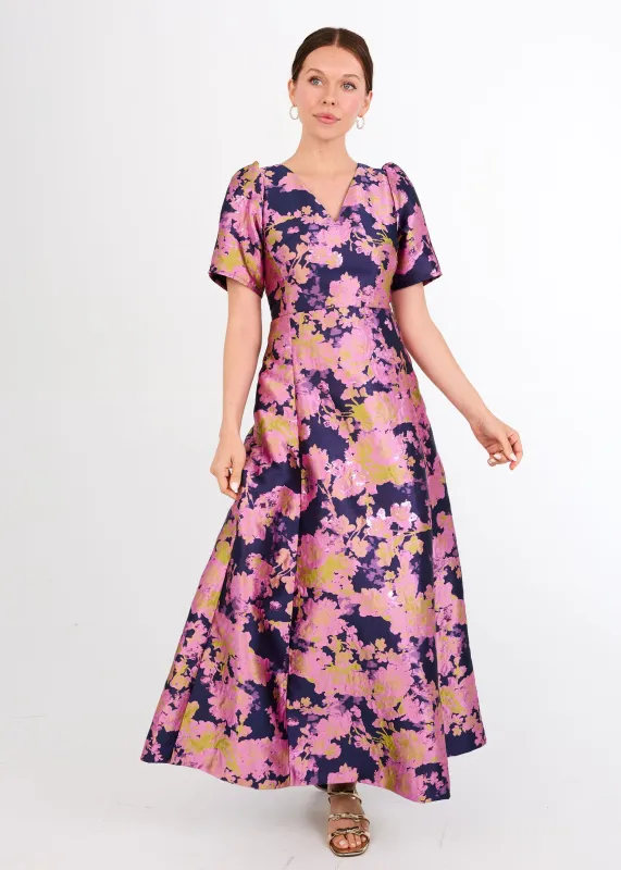 Arden Gown Navy Abstract Brocade sold by Abbey Glass