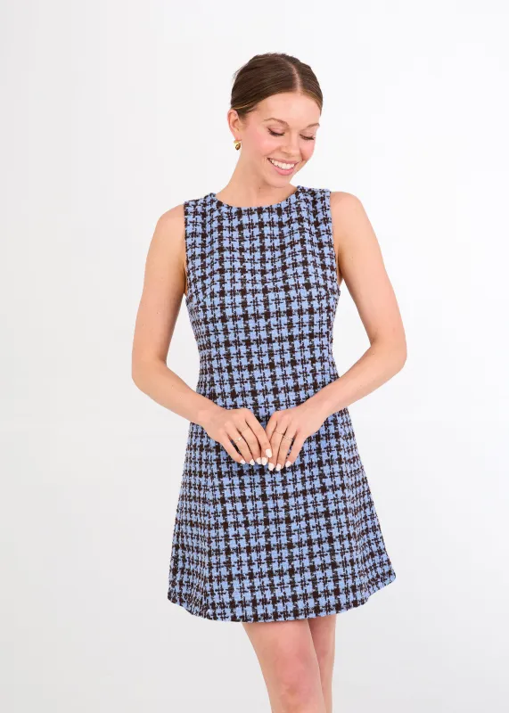 Avery Dress Blue and Brown Houndstooth Tweed sold by Abbey Glass