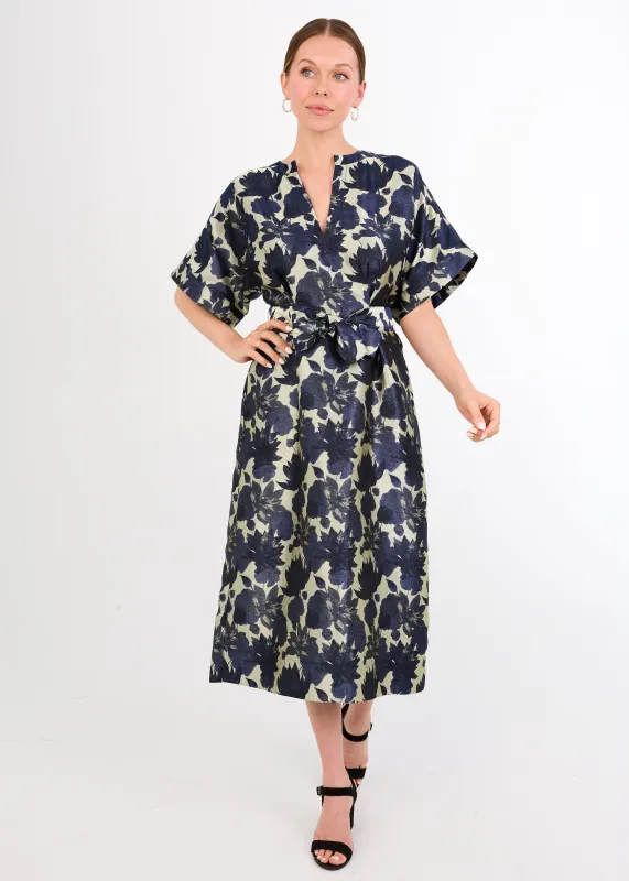 Evelyn Dress Ivory and Navy Floral Silhouette Jacquard sold by Abbey Glass