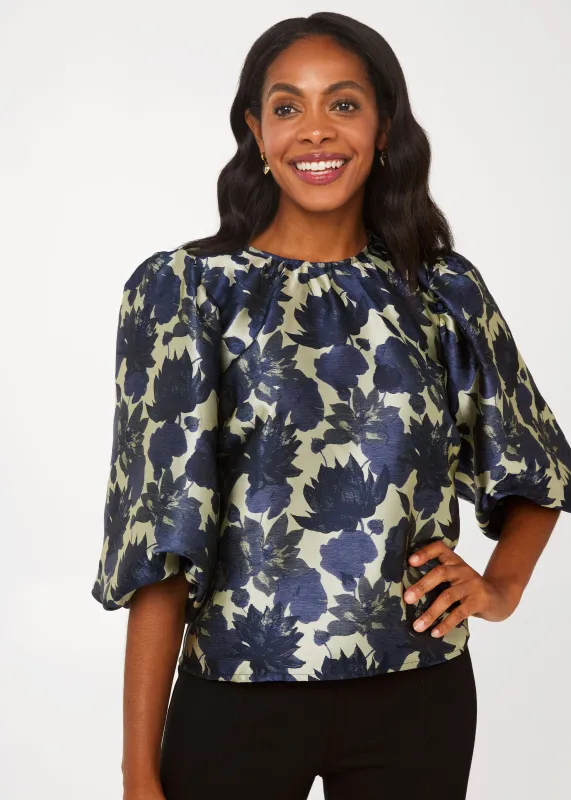 Hadley Top Ivory and Navy Floral Silhouette Jacquard sold by Abbey Glass