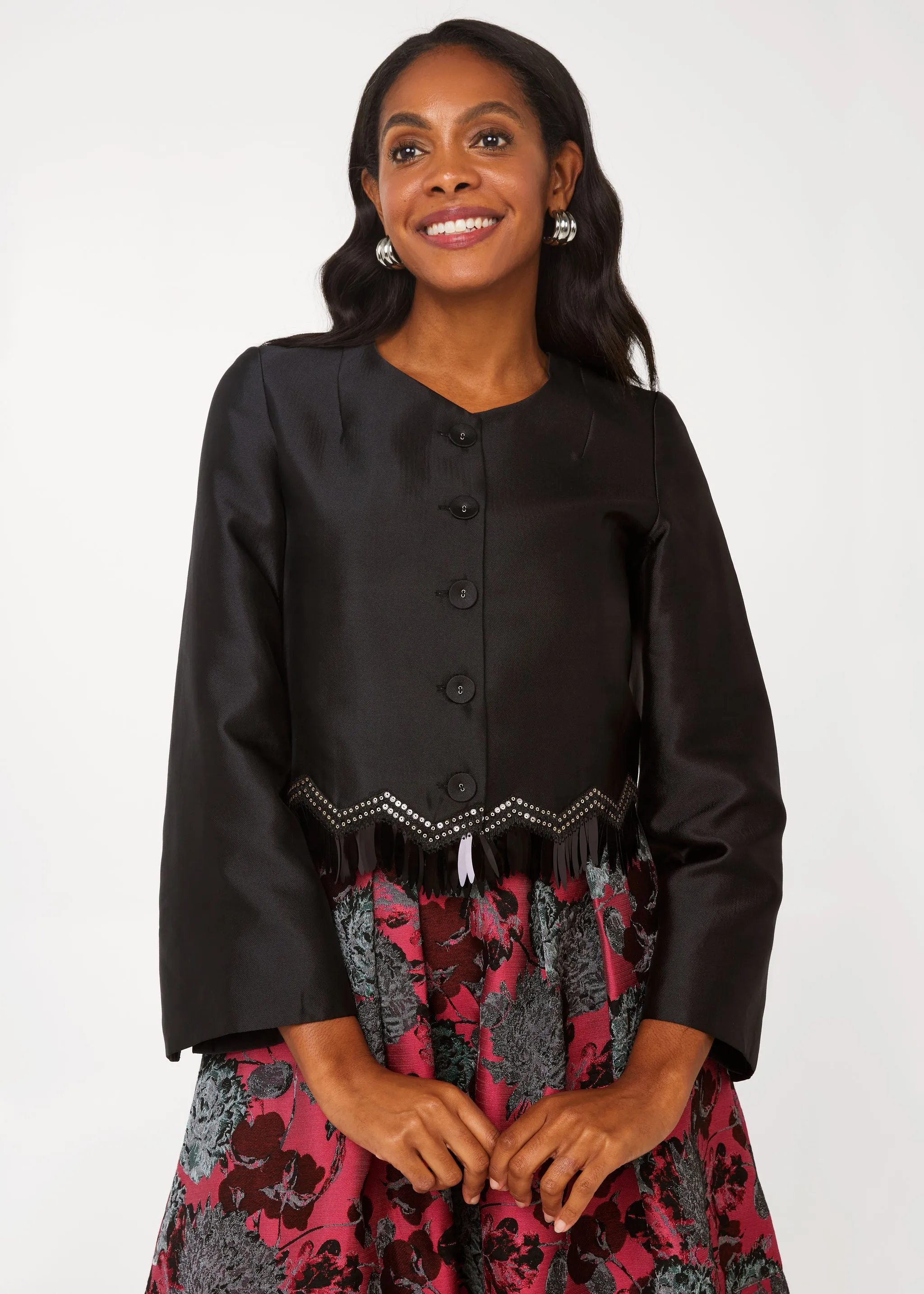 Kennedy Jacket Black Mikado sold by Abbey Glass