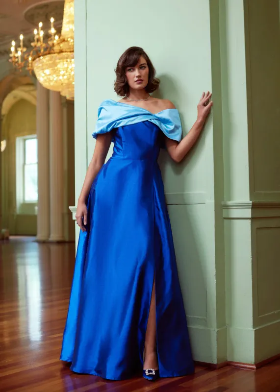 Amelia Gown Cobalt Dupioni sold by Abbey Glass
