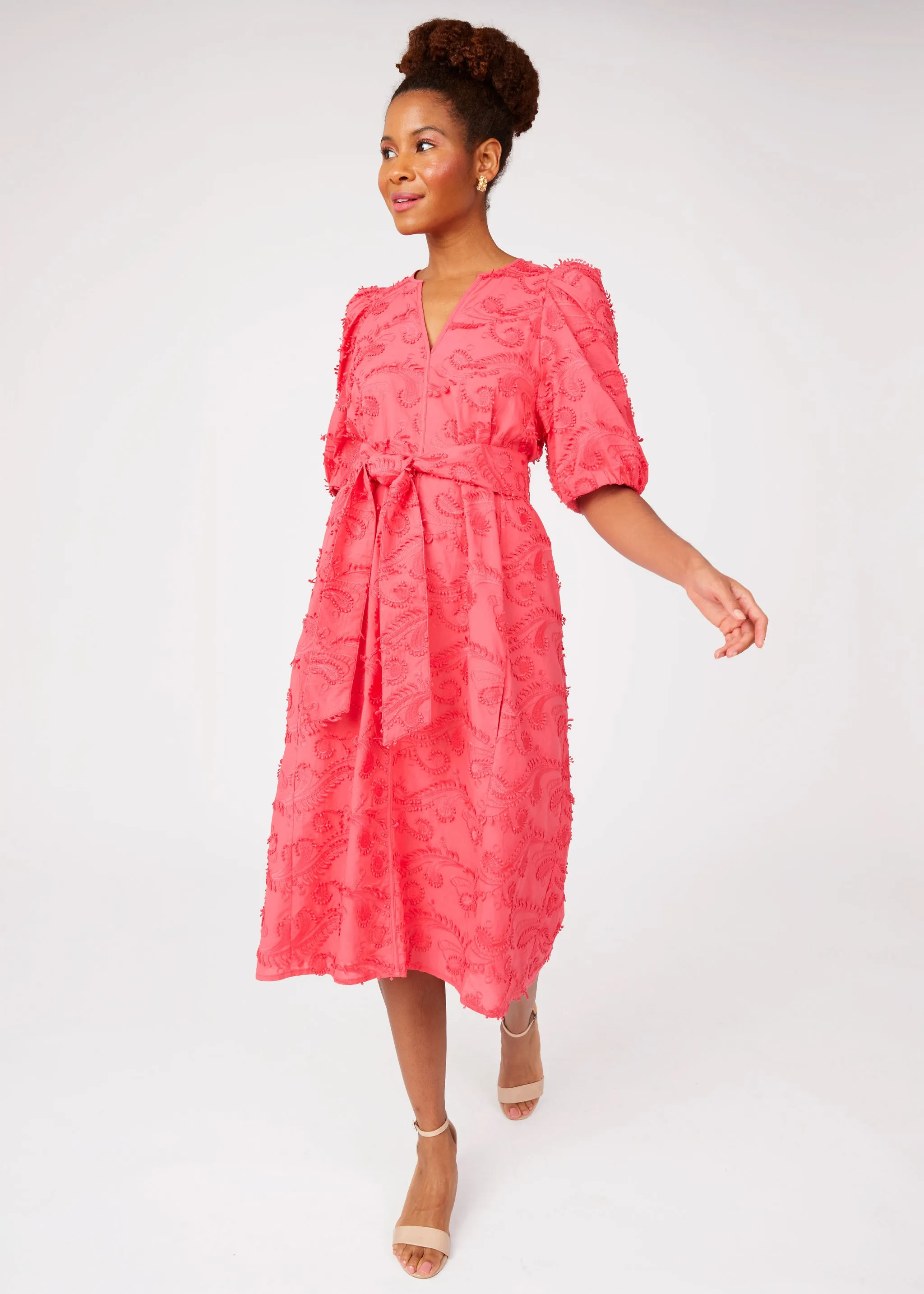Florence Dress Hot Coral 3D Paisley Cotton sold by Abbey Glass product image thumbnail 3