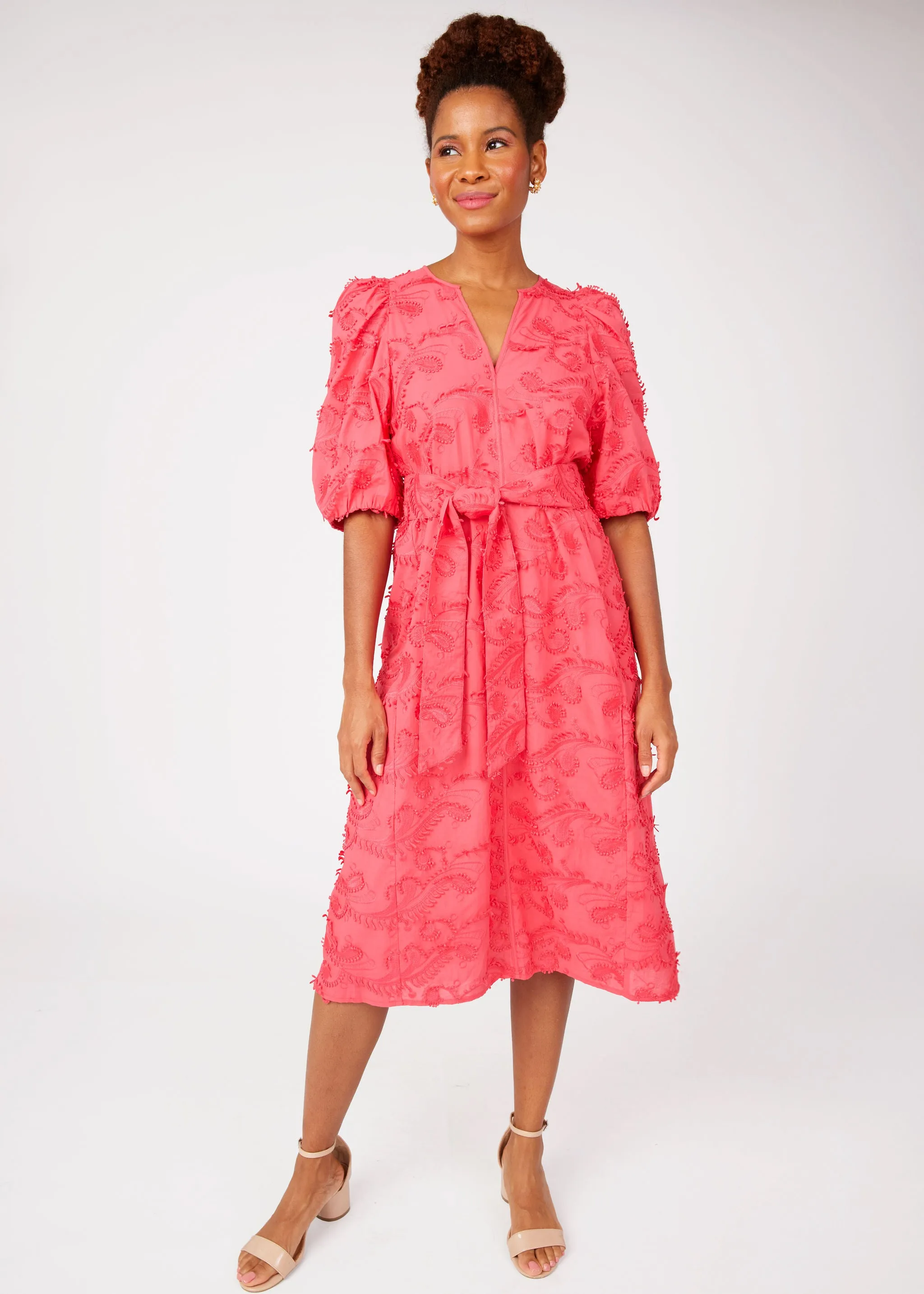 Florence Dress Hot Coral 3D Paisley Cotton sold by Abbey Glass