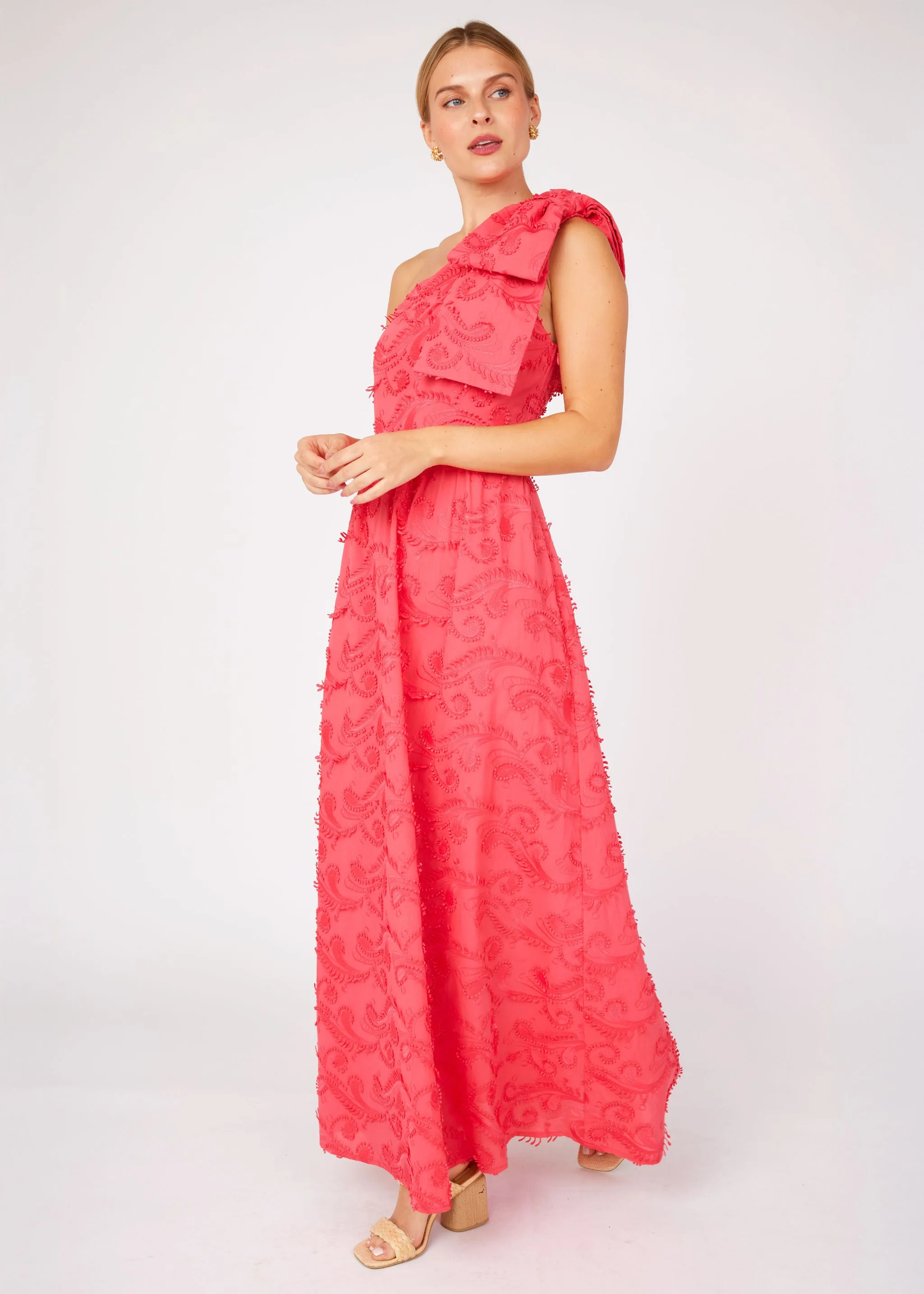 Caroline Gown Hot Coral 3D Paisley Cotton sold by Abbey Glass product image thumbnail 3