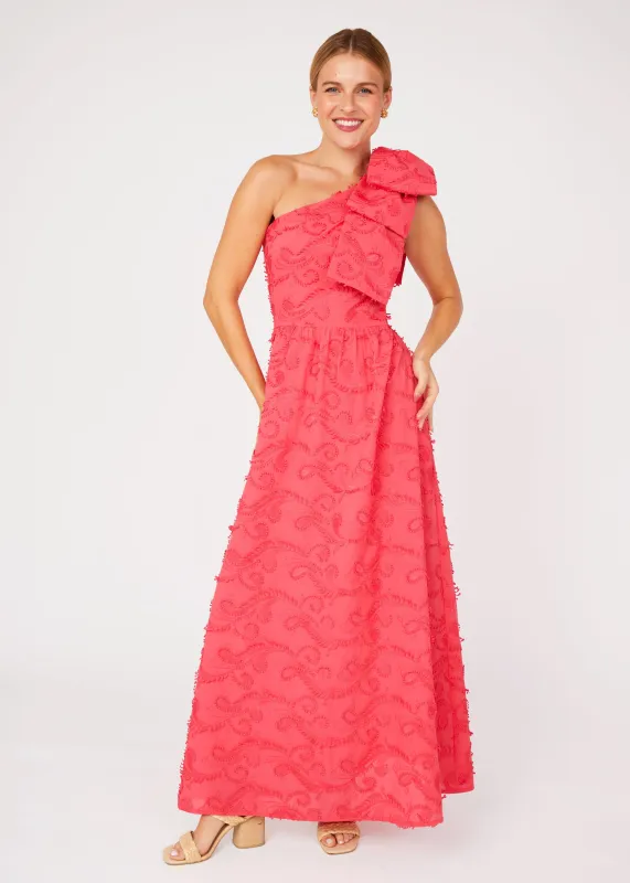 Caroline Gown Hot Coral 3D Paisley Cotton sold by Abbey Glass