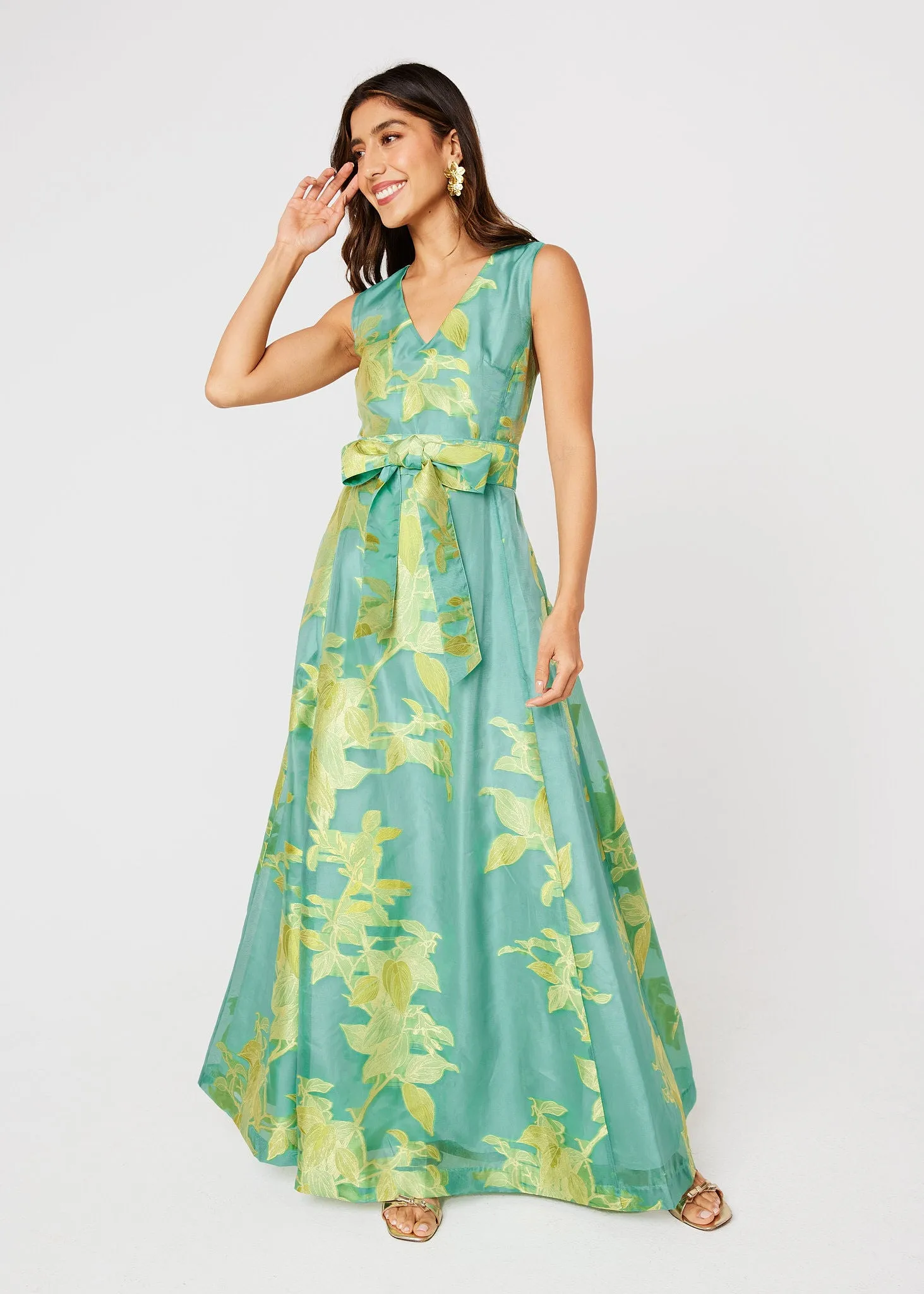 Arden Gown Teal Leaf Organza sold by Abbey Glass