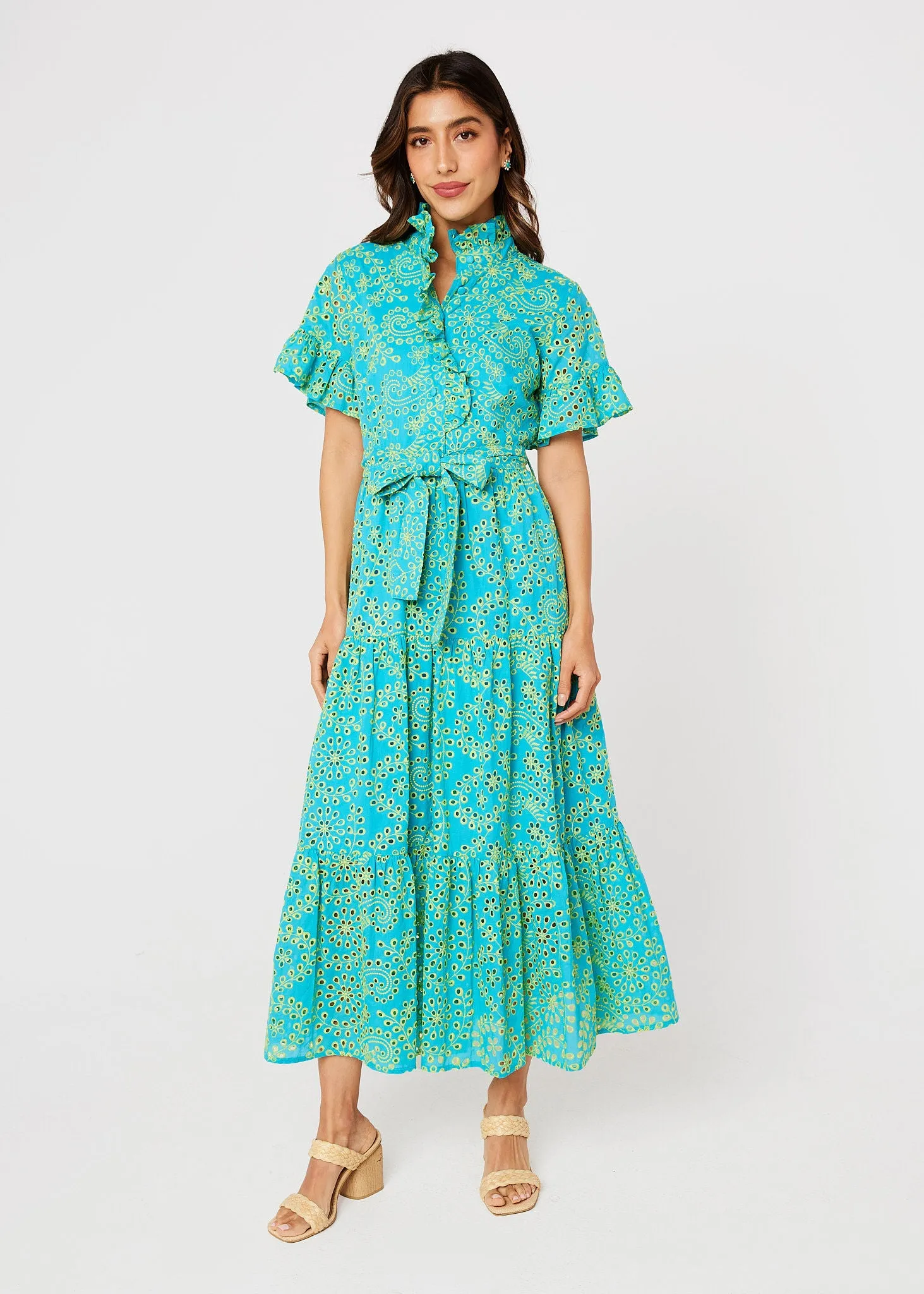 Sadie Maxi Dress Teal and Chartreuse Jasmine Eyelet sold by Abbey Glass