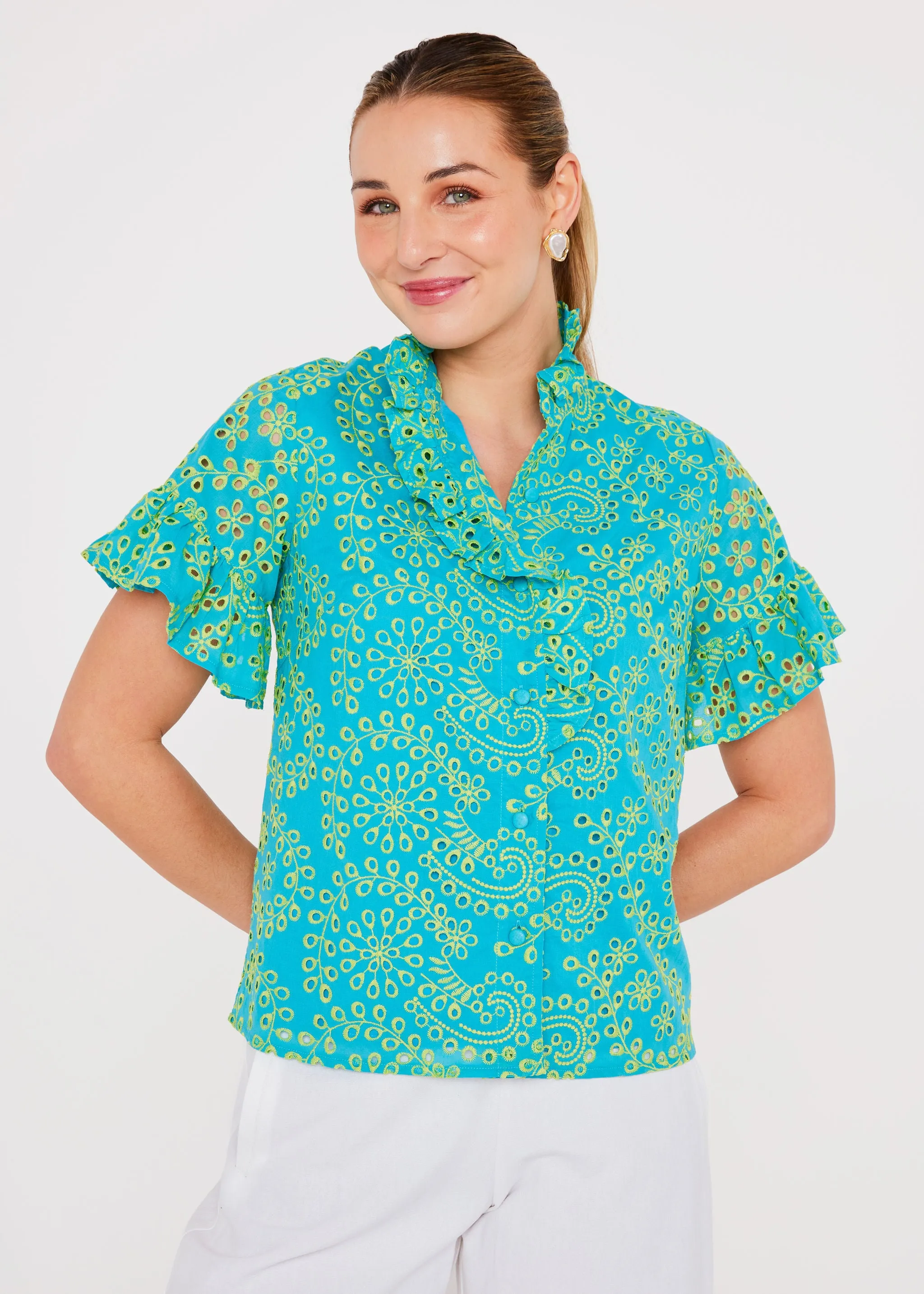 Sadie Top Teal and Chartreuse Jasmine Eyelet sold by Abbey Glass