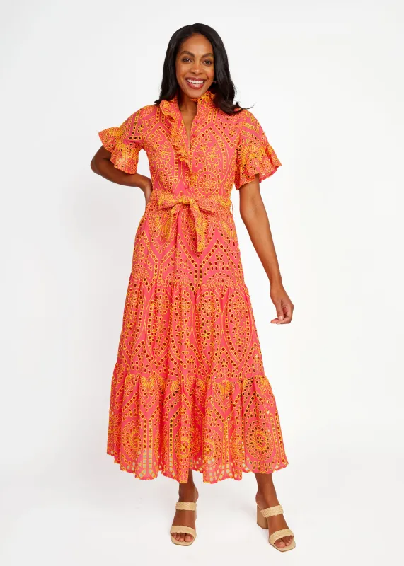 Sadie Maxi Dress Coral and Yellow Eyelet made by Abbey Glass