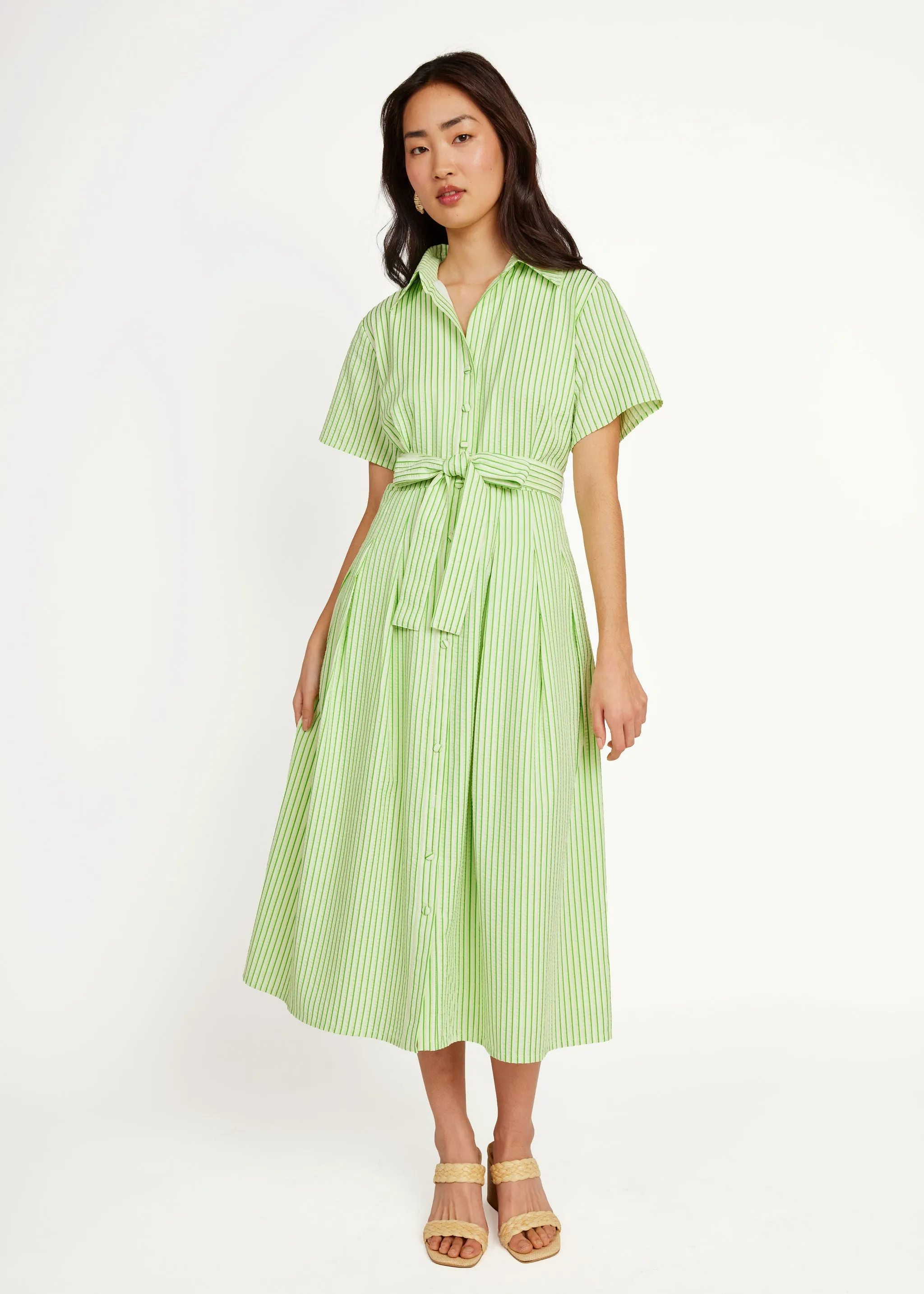 Cecilia Midi Dress Short Sleeve Green Stripe Seersucker sold by Abbey Glass product image thumbnail 3