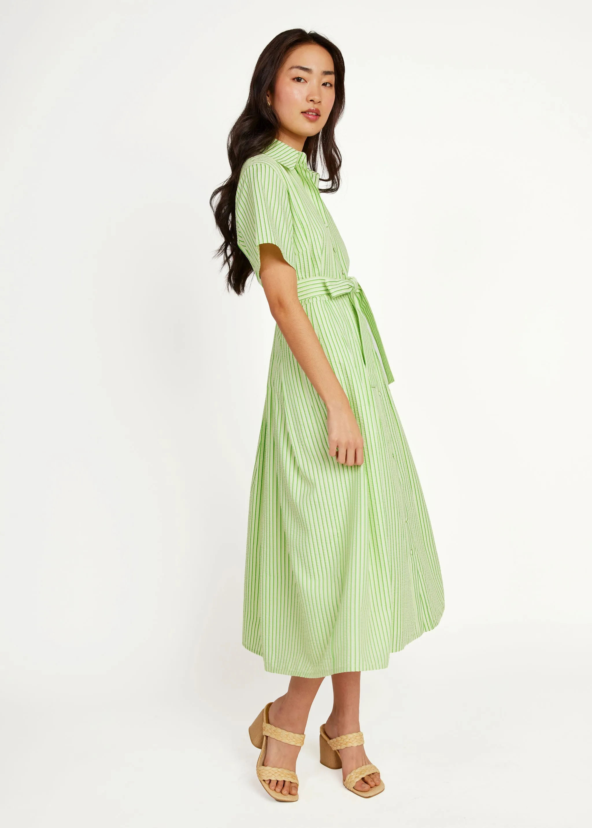 Cecilia Midi Dress Short Sleeve Green Stripe Seersucker sold by Abbey Glass product image thumbnail 4
