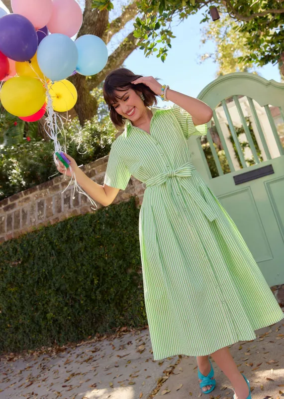 Cecilia Midi Dress Short Sleeve Green Stripe Seersucker made by Abbey Glass