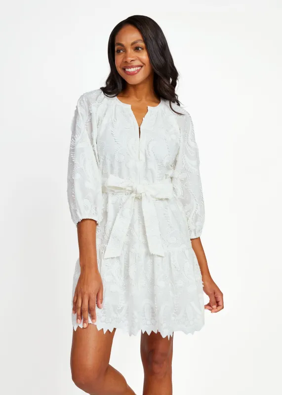 Elise Mini Dress White 3D Paisley Cotton made by Abbey Glass