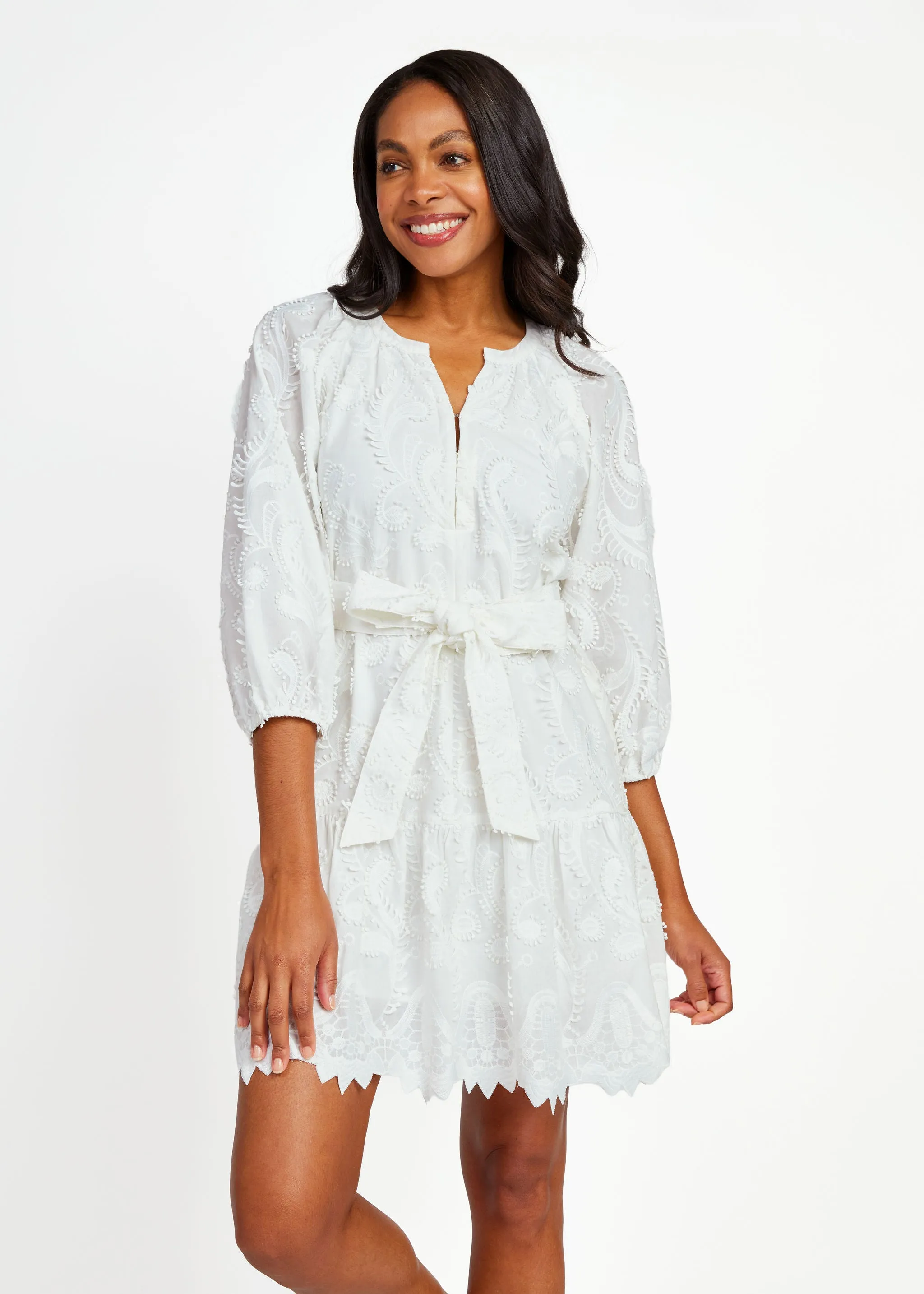 Elise Mini Dress White 3D Paisley Cotton sold by Abbey Glass