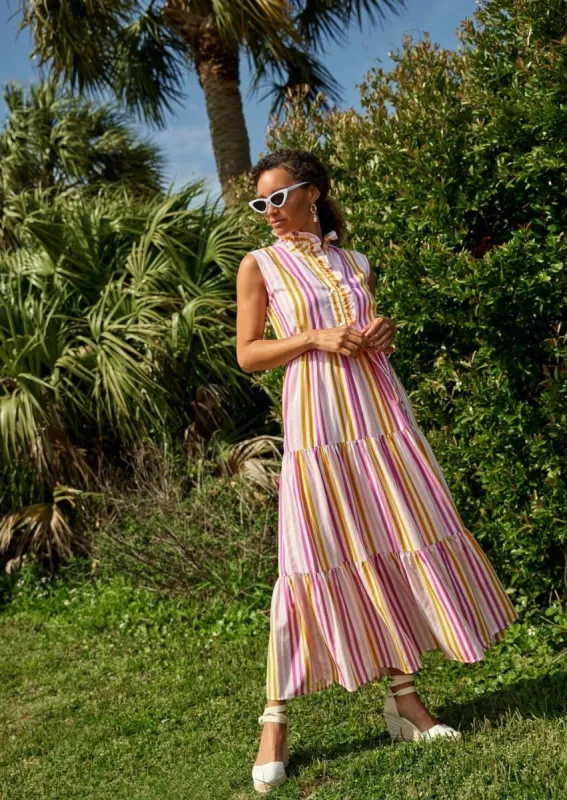 Sadie Sleeveless Maxi Dress Pink Striped Linen sold by Abbey Glass