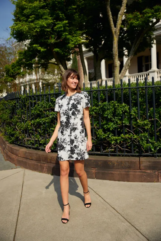 Ellen Dress Black and White Rose Chintz Linen sold by Abbey Glass
