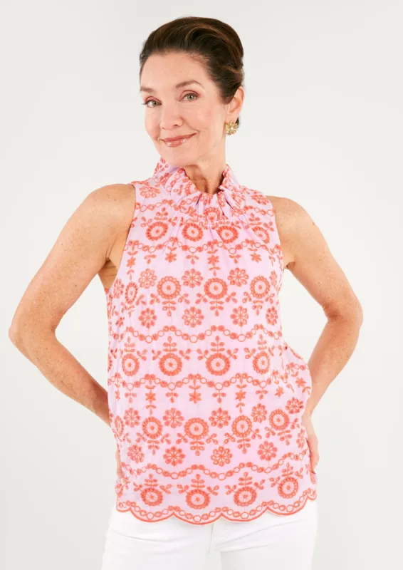 Barbara Ruffle Neck Top Coral Eyelet sold by Abbey Glass