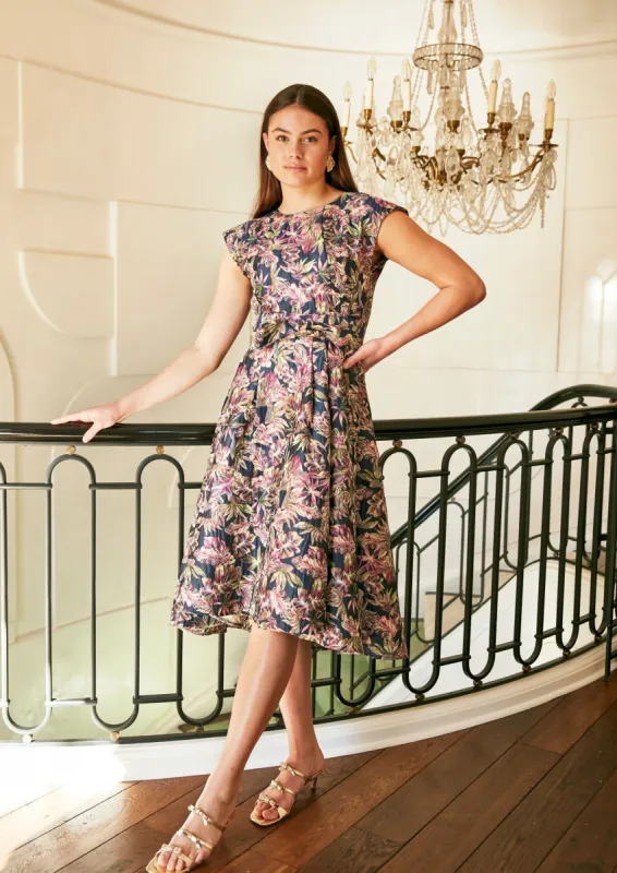 Olivia Dress Navy Palm Jacquard made by Abbey Glass