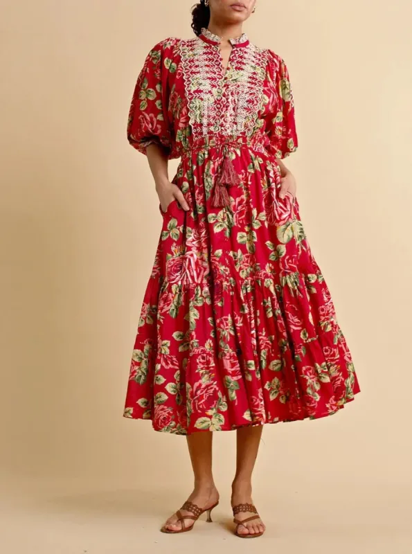 Cotton Slub Midi Dress in Red Roses sold by Beau & Ro