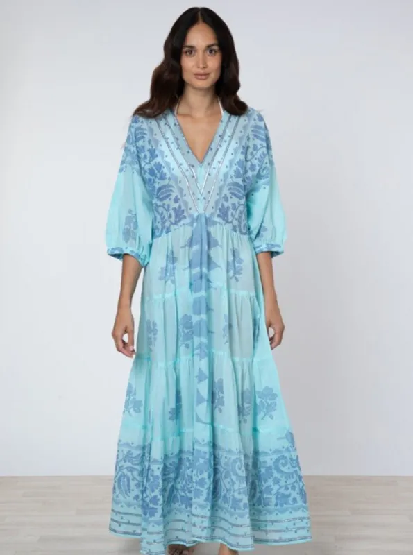 Blue / Royal Blue Maxi Dress with Dhaka Print and Trim sold by Beau & Ro