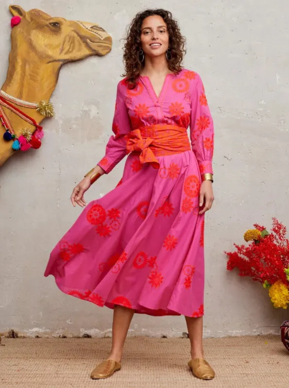 Azurite Dress in Pink / Orange Flower Embroidery sold by Beau & Ro