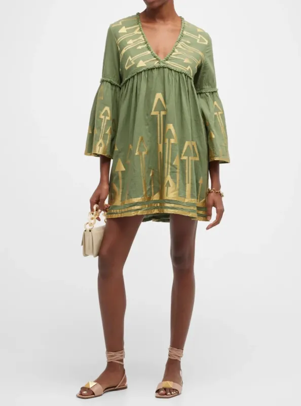 Green Khaki Embroidered Bell-Sleeve Mini Dress sold by Beau & Ro