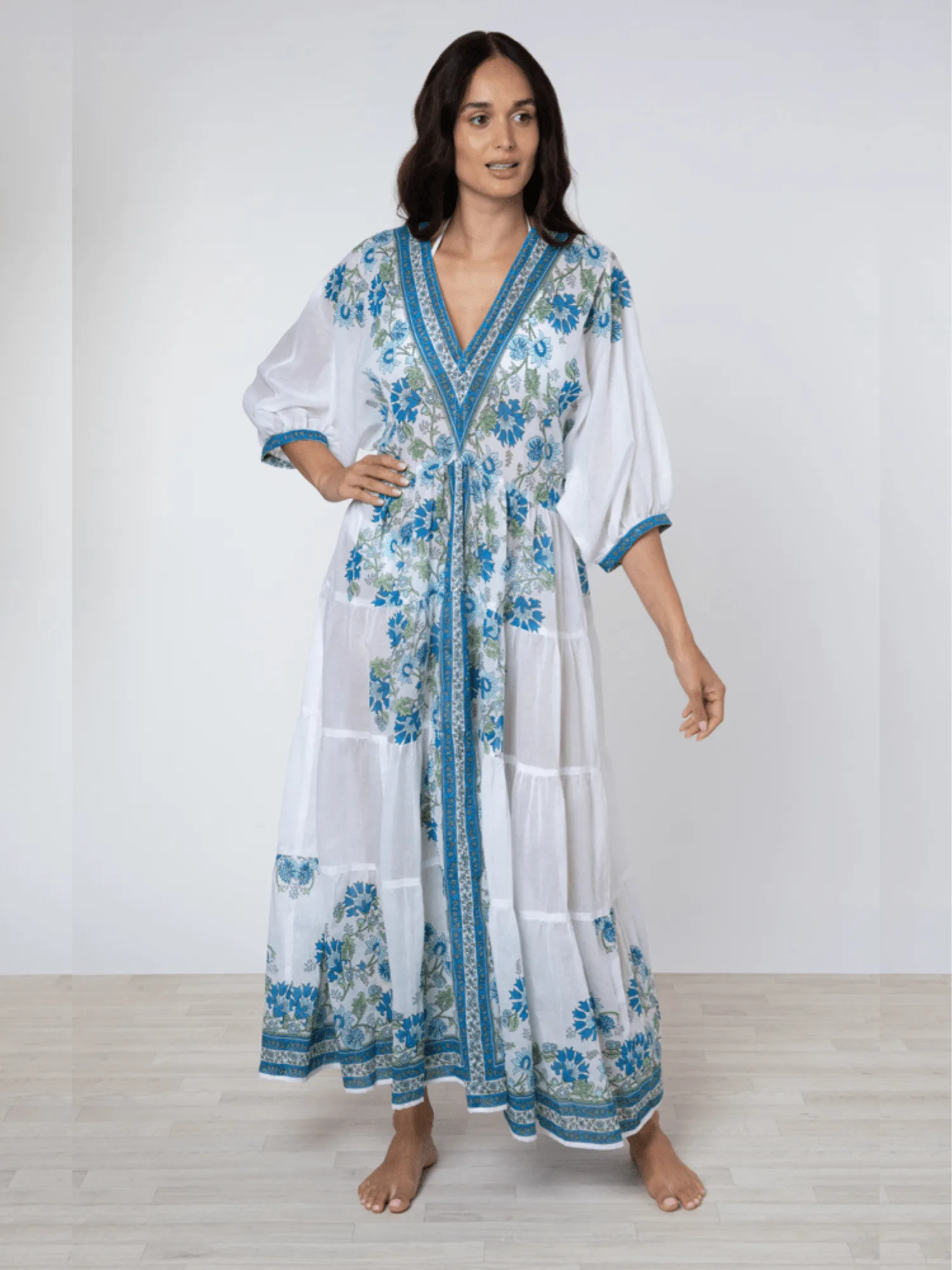 White / Blue / Aqua Maxi Dress w/ Rose Border Print sold by Beau & Ro
