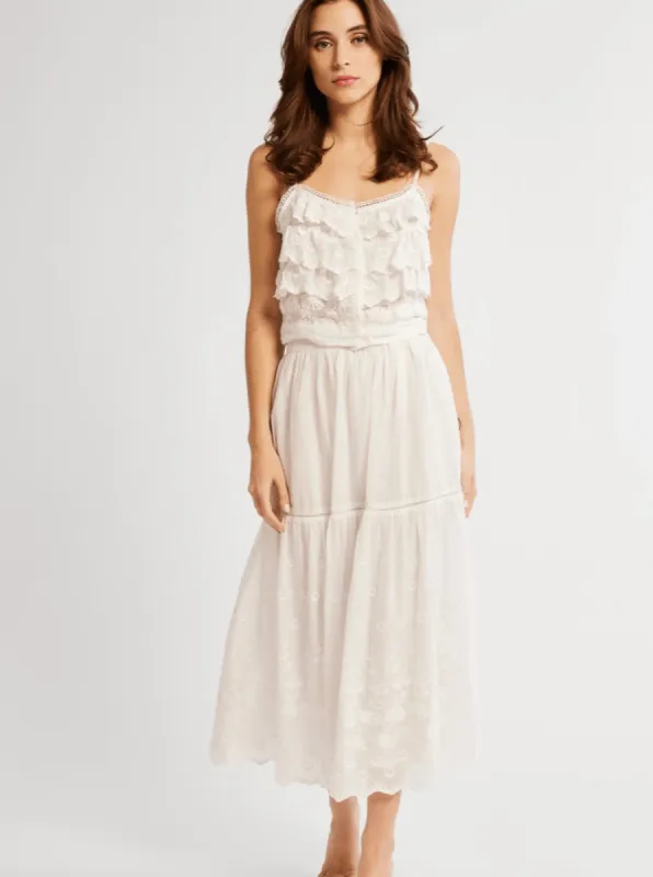 Betty Skirt in White Petal Embroidery sold by Beau & Ro