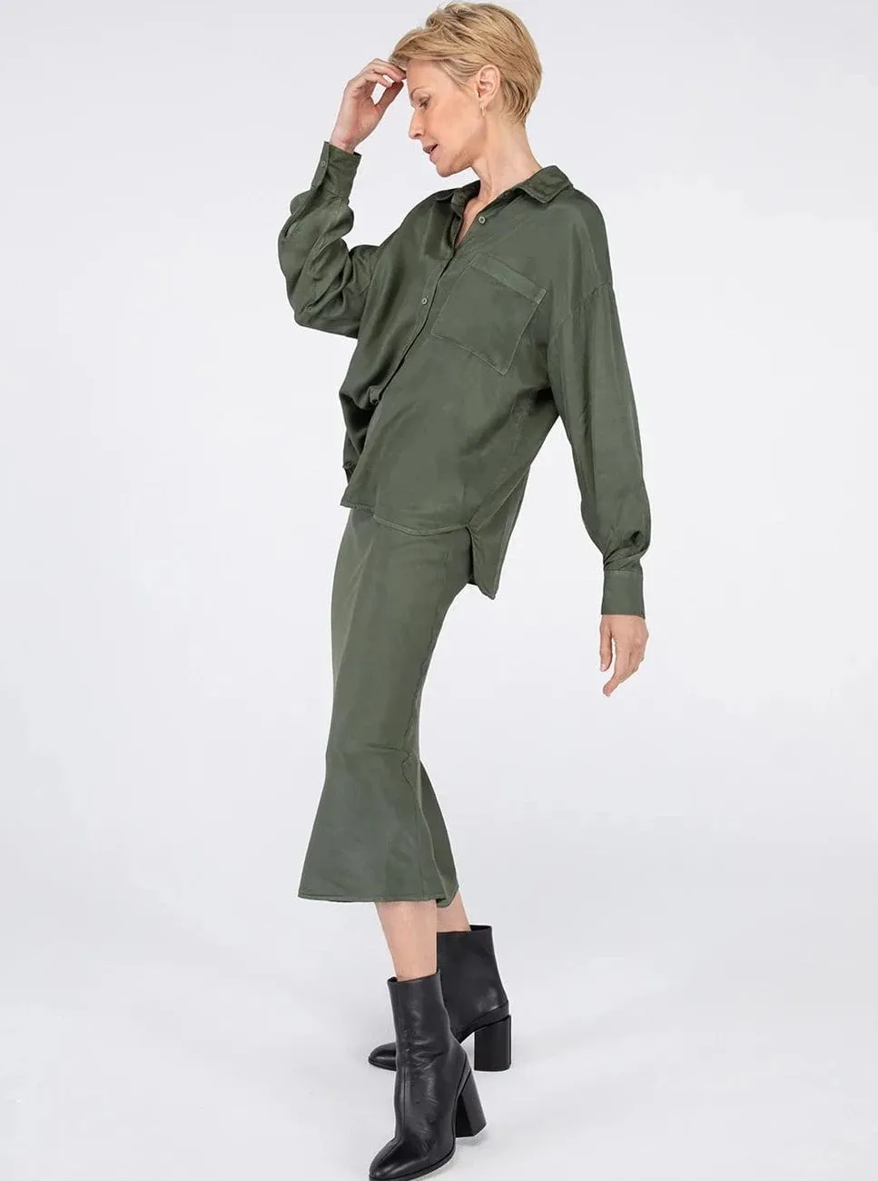 Viscose Satin Midi Skirt in Artichoke sold by Beau & Ro