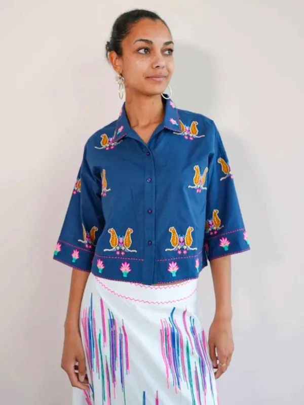 Thyme Blouse in Navy / Leo Embroidery sold by Beau & Ro