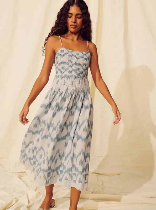 Adaline Midi Dress in Indigo Ikat sold by Beau & Ro