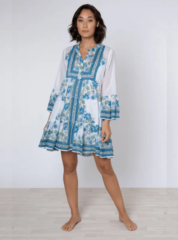 White / Blue / Aqua Flared Sleeve Dress w/ Rose Border Print sold by Beau & Ro